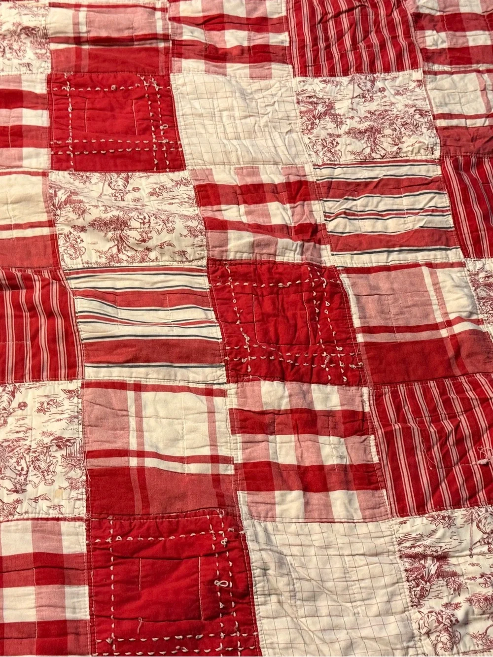 Vintage Red Patchwork Cutter Quilt Checks Toile Stripes 46 x 84